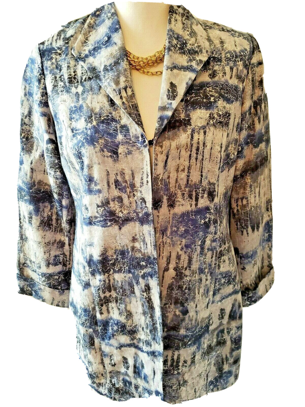 Chicos Womens Blue Silver Water Color Print Single Hook Blazer Jacket 0 S 4